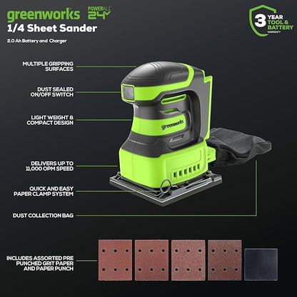 Greenworks 24V Cordless 1/4 Quarter Sheet Sander Tool Only, 11,000 OPM Sander with Dust Collection Bag and Sandpaper