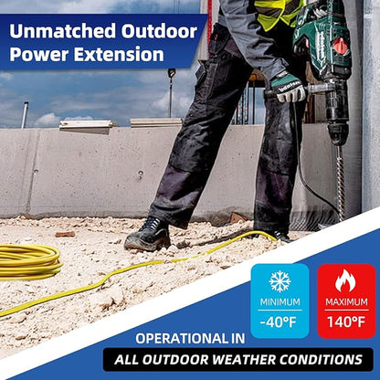 12 Gauge Outdoor Extension Cord 25 FT Waterproof, 3 Prong Plug, SJTW Heavy Duty 15A 1875W, Yellow Extension Cable with Lighted end for Commercial Use and Major Appliances, ETL Listed