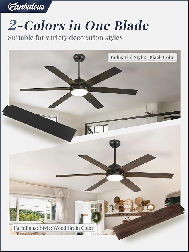 58 Inch Ceiling Fans with Lights and Remote, Black Indoor/Outdoor Ceiling Fan with Quiet Reversible DC Motor, 6 Speeds, 3CCT, 6 Blades Large Ceiling Fan for Living Room Bedroom Patio