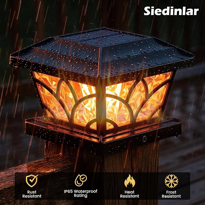SIEDiNLAR Flickering Flame Solar Post Cap Lights 4 Modes 4 Pack, Upgrade Model for 4x4 5x5 6x6 Wood & Vinyl Posts, Waterproof Outdoor Fence Deck Patio Decor, Warm White/Blue Light (Black)