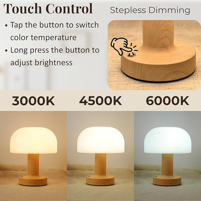 HAPYGI Small Mushroom Table Lamp, Cordless Night Light with 2600mAh Rechargeable Battery, Stepless Dimming Desk Lamp with 3 Colors for Bedroom/Patio/Living Room (White-1)