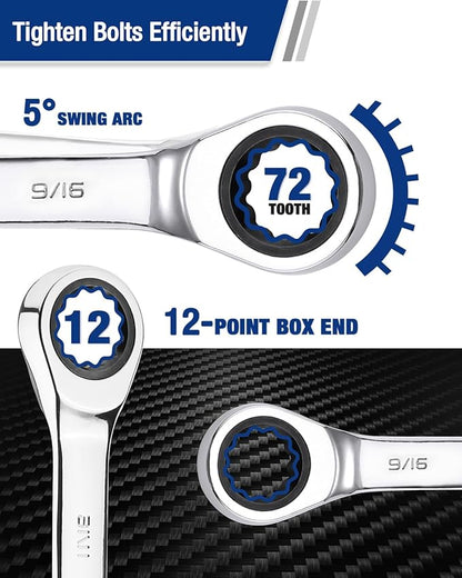 WORKPRO 9/16" Ratcheting Combination Wrench SAE, CR-V Constructed with Mirror Polish Chrome Plating, 12-Point Design, 15-Degree Offset