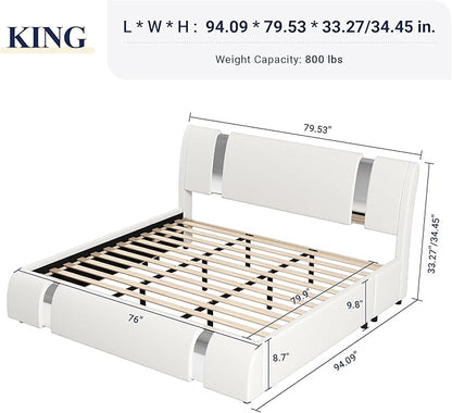 Allewie King Size Bed Frame with Iron Piece Decor, Faux Leather Upholstered Platform Bed with Curved Adjustable Headboard, Wooden Slats Support, No Box Spring Needed, Modern White