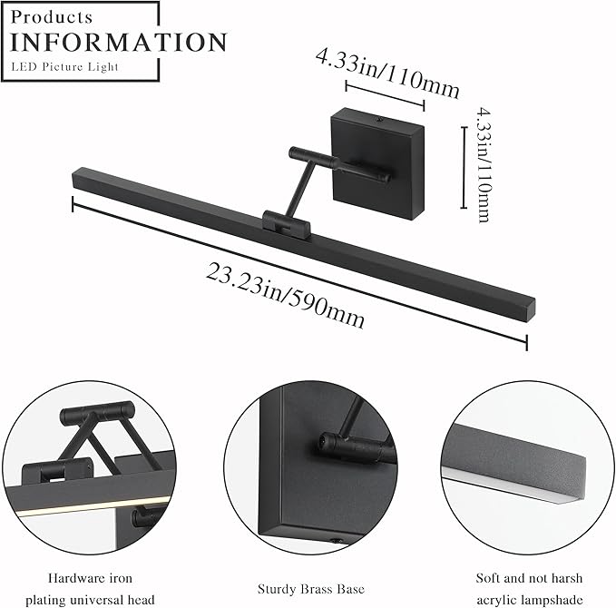 Black Picture Lights for Paintings Dimmable Gallery Light Hardwired LED Wall Art Lighting Display Artwork Lamps 23.6 Inch 14W 3000K Warm White