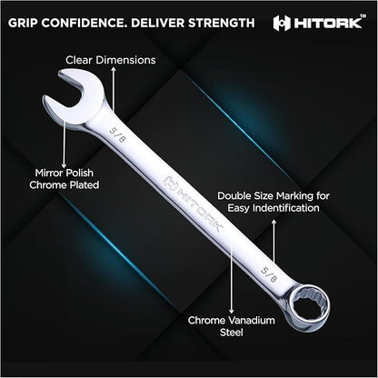 Hitork 24-Piece Combination Wrench Set, SAE (1/4"–1") & Metric (8–24mm), Cr-V Steel, Mirror Chrome Finish, 12-Point Box End, 15° Offset, with Roll Pouch – Ideal for Home, Garage & Auto Repair