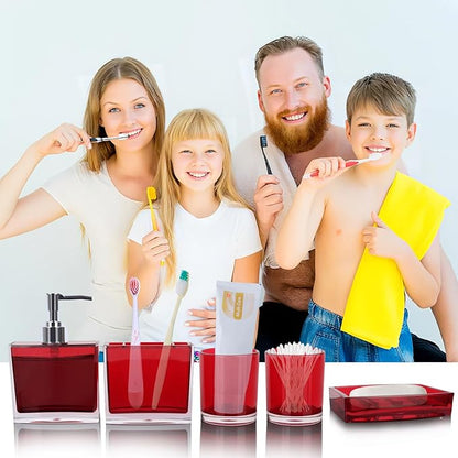 5-Piece Bold Red Acrylic Bathroom Accessories Set — Soap Dispenser, Toothbrush Holder, Soap Dish & 2 Mouthwash Cups, His and Hers Countertop Organizer for Red Bathroom Decor