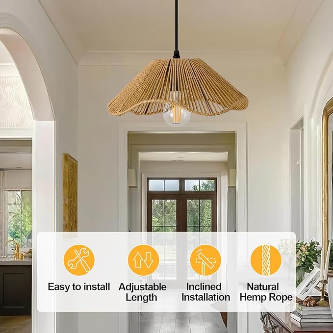 TERLEENART Hard Wired Rattan Pendant Lights Set of 2,Kitchen Island Pendant Lights with 12” Flower Shade,Boho Handwoven Paper Rope Rattan Ceiling Light for Living Room Dining Room Restaurant Foryer