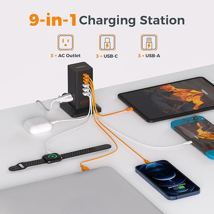 Charging Station PD 100W, TESSAN 9-in-1 USB C Power Strip for iPhone 17/16/15, MacBook, Tablet, Desktop Phone Fast Charger with 3 AC, 3 USB-A Ports, Home Drom Office Accessories