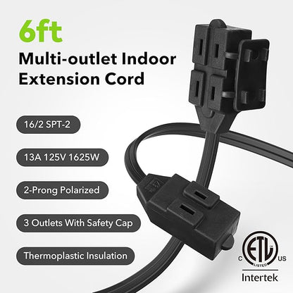 BN-LINK 6ft Indoor Extension Cord, 2 Pack, 3-Outlet Polarized Flat Cable, Household Power Cord for Home, Office, and Holiday Decorations, Black