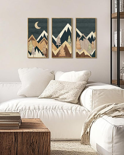 KUVIOKE Wooden Mountains Range Landscape Wall Art Framed Tree Nature Wall Decor Moon Rises Prints Bedroom Living Room Ready to Hang 8x16in3pcs Natural Framed