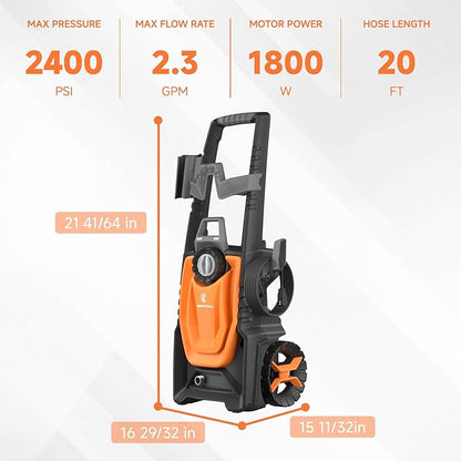 Giraffe Tools Pressure Washer, Max 2400 PSI, 2.3 GPM Electric Power Washer with 4 Quick-Connect Nozzles, Foam Cannon for Cars/Patios/Driveways/Fences