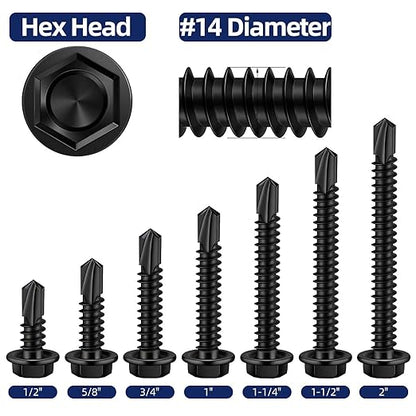 MewuDecor #14 x 3/4" (3/4" to 4" Available) Hex Washer Head Self Drilling Sheet Metal Screws with Drill Point, Stainless Steel 410, Black Oxide, 50 PCS