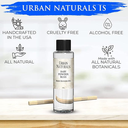 Urban Naturals Reed Diffuser Oil Refill, Baby Powder Bliss Diffuser Oils with Rose, Geranium, Cedar, 4 oz + Free Reed Sticks, Made in the USA