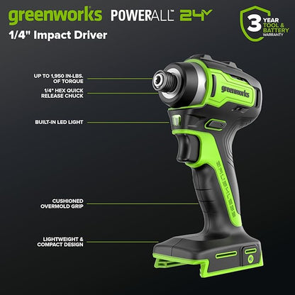 GREENWORKS 24V (4-TOOL) Combo (1/2” Drill + 1/4” Impact Driver + 6.5” Circular Saw + 200Lm Flashlight), 4.0Ah + 2.0Ah Batteries (24,000mAh Power Bank), (2) Braided Cables, 65W Rapid Charger