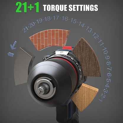 20V Cordless Drill Set, Brushless Power Drill with 2 Batteries and Charger, 3/8-Inch Metal Chuck, 22 Torque Settings, Drill/Driver Bits and Tool Bag Included