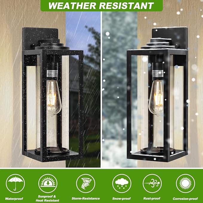 FILIYANO 16inch Large Outdoor Wall Lights - 2 Packs Modern Black Exterior Light Fixture with Clear Glass Shade, Waterproof Porch Lighting for House, Farmhouse Sconces Lantern for Front Door, Garage