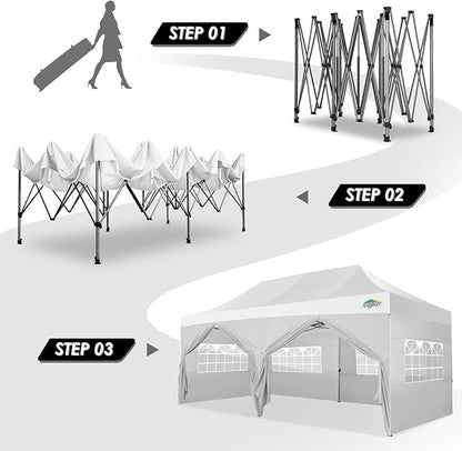 COBIZI 10x20 Canopy with Sidewalls, Heavy duty Party Tent Pop up carpas para fiestas, Tents for Parties, wedding, Outdoor Ez up Foldable Portable Canopy Tent with Wheeled Bag, White(Windproof Upgrade)