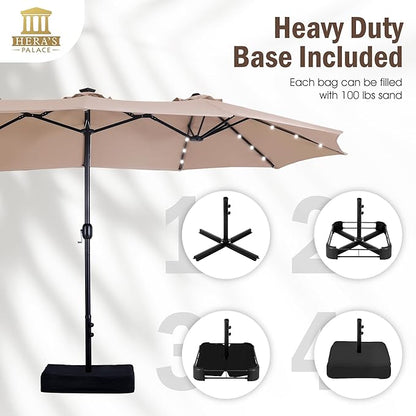 HERA'S PALACE 15ft Patio Umbrella with Base Included Double Sided Outdoor Umbrella for Patio Table Umbrella Outdoor 36 LED Solar Lights for Garden