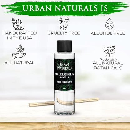 Urban Naturals Reed Diffuser Oil Refill, Black Raspberry Vanilla Oil for Diffuser with Orchid, Amber, Sandalwood, 4 oz + Free Reed Sticks, Made in the USA