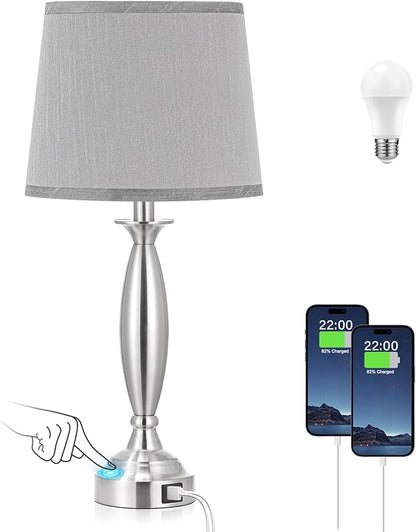 Seealle Lamps for Bedrooms - Touch Control Bedside Lamp with USB C+A, 3 Way Dimmable Nightstand Lamps with USB Port, Brushed Nickel Table Lamp for Living Room Guest Room Bed Side End Table(Single)