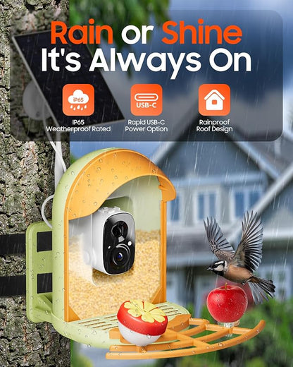 Bird Feeder with Camera, Smart Birdfeeder with Cam Solar Powered, 2K HD Video, AI Identification, Instant Arrival Alerts, IP66 Bird Bath & Feeder,Gift for BirdLover (with Stand, Green)