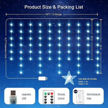 Star Curtain Lights Hanging Star Lights for Window 70 Stars String Light for Wall Décor USB Plug in 8 Modes Twinkle Fairy Lights for Christmas, Bedroom, Indoor, Outdoor, Weddings, Party (Cold White)