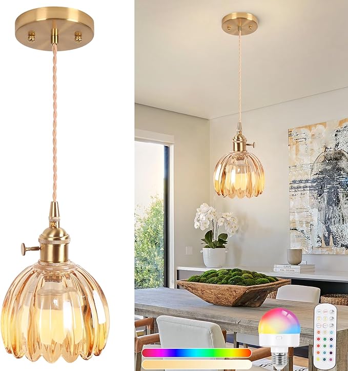 Battery Operated Pendant Light,Mini Hanging Lights RGB Rechargeable Light Bulb 2500mAh 5.1Inch with Remote Control Wireless Adjustable Rechargeable Chandelier for Kitchen Island Hallway