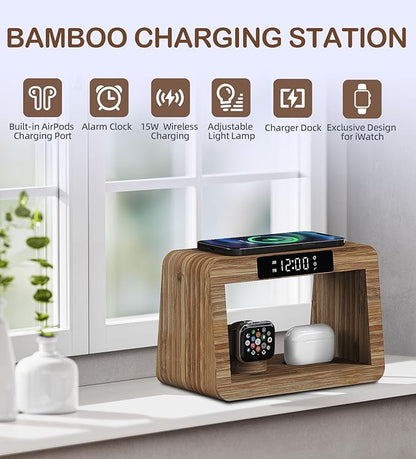 Bamboo Charging Station for Multiple Devices, 15W Fast Wireless Charger Night Light with 3 Color& 4 Adjustable Brightness, Night Stand Charger Station for iPhone/iWatch/AirPods (6955)
