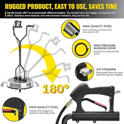 Doniks 21Inch Pressure Washer Surface Cleaner with 4 Wheels,Dual Handle,Stainless Steel Housing,4500 PSI Power Washer Accessory for Concrete, Patio, Sidewalk, Deck, Driveways and Daily Washing