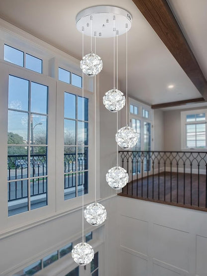 ykolupty LED Staircase Chandelier Modern Crystal Globe Pendant Light Crystal Chandeliers for High Ceilings, Hanging Lighting Fixture for Villas Foyer Hallway Entryway (6-Lights)