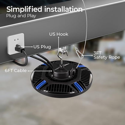 CINOTON 210W Switchable UFO LED High Bay Light, Aluminum LED Shop Lights with 31500LM, 5000K Commercial Bay Lighting for Warehouse Garage Workshop, 6' Cable & Safety Rope, ETL Listed 4 Pack