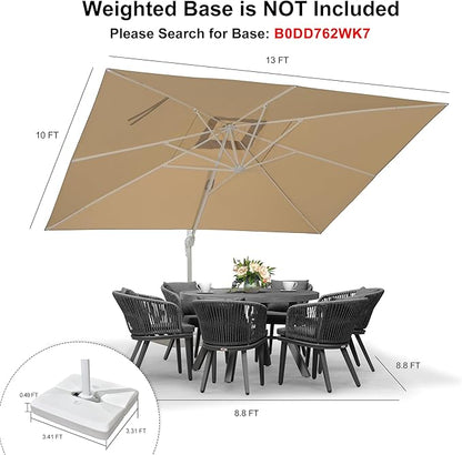 PURPLE LEAF 10' × 13' Patio Umbrella White Cantilever Umbrella Aluminum Square Outdoor Offset Umbrella Hanging Windproof with 360° Rotation for Garden Deck Pool, Beige