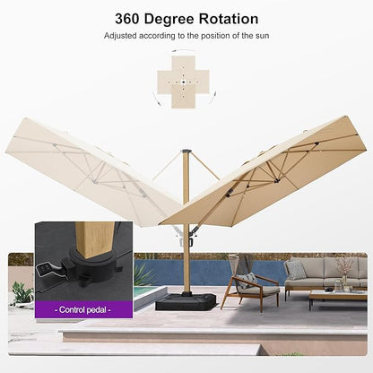 PURPLE LEAF 11FT Patio Umbrella Square Cantilever Umbrella Teak Finished Aluminum Frame Large Windproof Offset Outdoor Sun Umbrellas for Beach Pool Deck, Beige