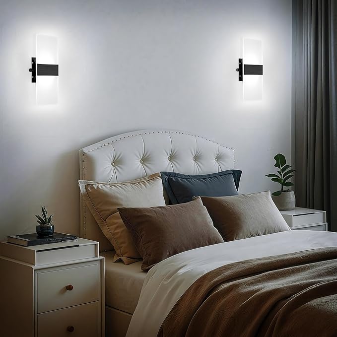Lightess Indoor Wall Sconces with Switch, Modern LED Wall Lights Set of Two, 12W Hardwired Acrylic Dimmable Wall Light Fixtures for Bedroom Hallway Living Room, Cool White, 2 Pack