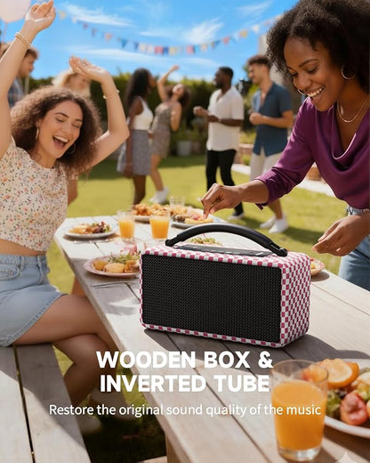 DINDIN Portable Bluetooth Speaker： 80W (Peak), 20H Playtime, Wireless Big Wood Boombox with Deep Bass, Subwoofer, TWS, Large, Loud Speaker for Party, Outdoor, Backyard, Beach, Home,Gift（Pink+White）