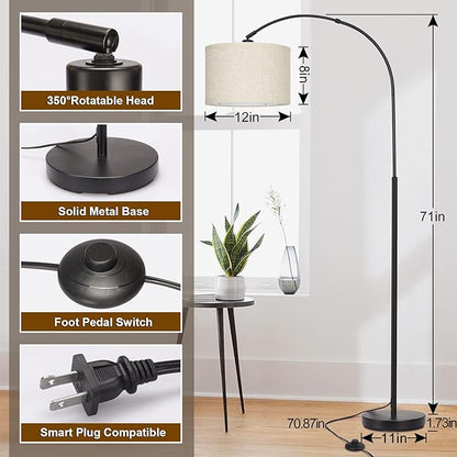 Seaside village Arc Floor Lamps for Living Room, Modern Standing Lamp with Adjustable Hanging Drum Shade, Tall Pole Lamp with Foot Switch, Over Couch Arched Reading Light for Bedroom, Office (Black)