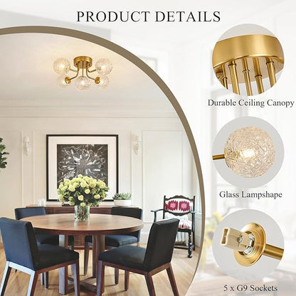 Sputnik Semi Flush Mount Ceiling Light Mid Century Modern Gold Ceiling Light 5 Lights Clear Glass Globe Chandelier for Bedroom Kitchen Entryway Closet