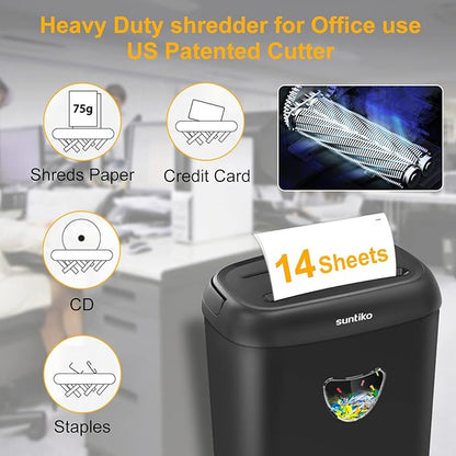 Suntiko 14 Sheet Cross Cut Paper Shredder for Home Office Use with P-4 High Security and 6.6 Gallon Bin for Credit Cards CDs or Staples ETL Certified Black