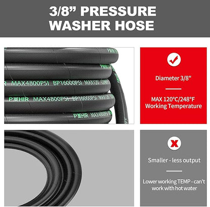 POHIR Pressure Washer Whip Hose 5FT, Reel Connector 248°F Hot/Cold Water Jumper Hose 3/8" with Quick Connect Adapter, Industry Grade Steel Wire Braided & Synthetic Rubber Jacket 4800 PSI