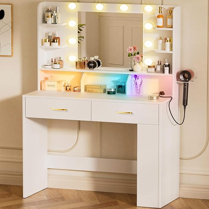 COMHOMA Vanity Desk with Lighted Mirror and Power Outlet, RGB LED Lights Makeup Vanity Set for Girls, Large Storage Capacity Dressing Table for Bedroom, 3 Lighting Modes Adjustable Brightness, White