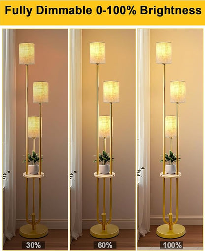 Lightdot 64Inch Floor Lamp with Table Dimmable Gold Floor Lamp for Living Room 3 Lights Mid Century Modern Tall Standing Lamp with Fabric Shade for Bedroom/Sofa Beside/Corner Decor(Bulbs Included)