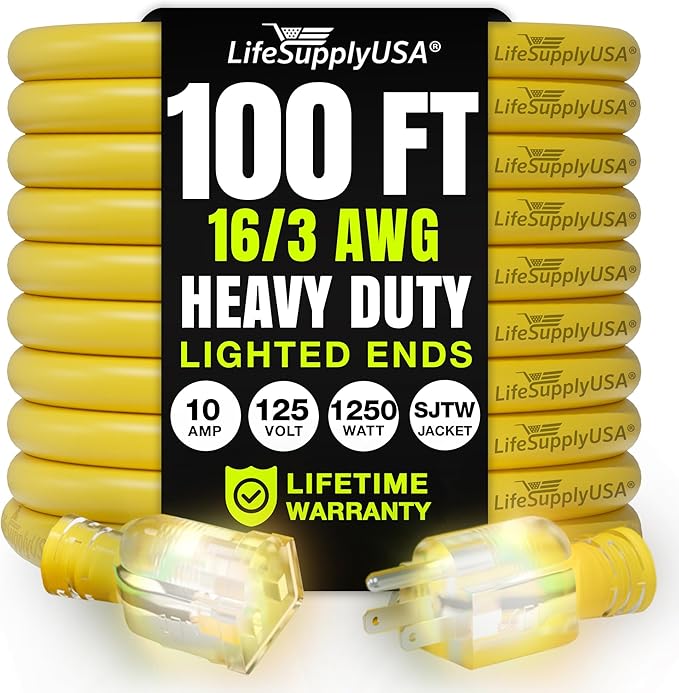 100ft Outdoor/Indoor Extension Cord 16/3 Gauge Heavy Duty 3 Prong SJTW, Waterproof, Flexible Cold-Resistant Long Power Cord,10A 125V 1250W, Yellow by LifeSupplyUSA