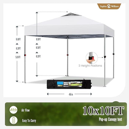 Sophia & William Canopy Tent Pop Up 10x10 ft, Outdoor Patio Portable Commercial Canopies Shelter Heavy Duty Straight Legs with Roller Bag, 8 Stakes, 4 Guy Ropes, UPF50+, White