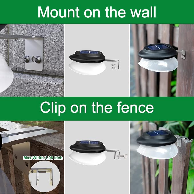 JSOT Solar Fence Lights, Bright Security Outdoor Backyard Lights Waterproof, Patio Decor Sign Lighting for Eaves Deck Pathway Garden Garage Stairs Wall 2 Installations Methods - White Light, 6 Pack