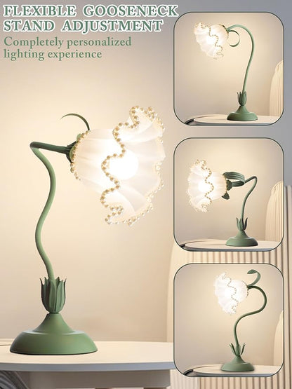 AQDZCNF Flower Table Lamp,LED Reading Light Bedside Vintage Flower Night Light,3 Colors Modes Kawaii Bedside Lamps Decor,Living Room Bedroom Room Lighting Table Lamps Home Decoration (Green Pearls)