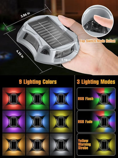 Solar Driveway Lights Solar Dock Lights 9 Colors in 4 Pack, Waterproof IP68, Outdoor, for Driveway Markers, Pathway, Sidewalk, Marine Dock, Warning Step