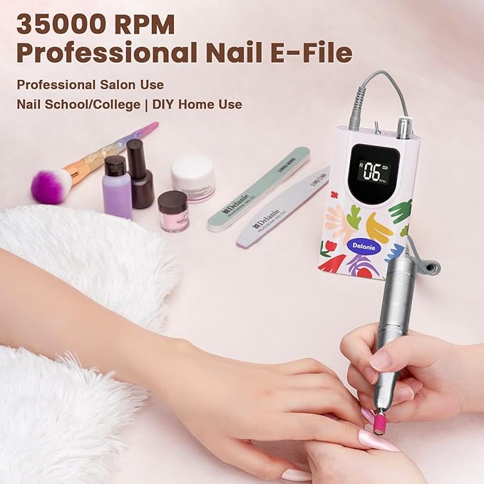 Delanie Professional Nail Drill High Torque 35000 RPM Rechargeable Portable Electric Nail File Filer for Acrylic Gel with Cuticle Bits, Salon Manicure Tool, Matisse White
