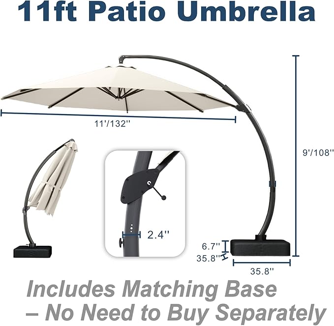 11FT Cantilever Umbrella with Base Large Curvy Outdoor Aluminum Offset Umbrella w/ 360° Rotation, UV Resistant Canopy for Patio, Garden, Backyard, Creamy White
