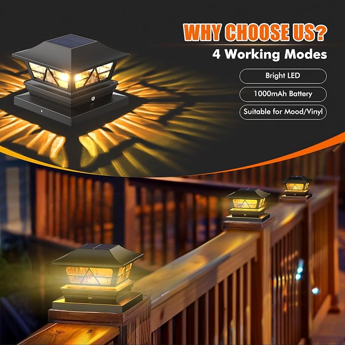 Solar Post Lights Outdoor Waterproof RGB Color Changing Modes Fence Post Cap Lights, Deck Post Lights Solar Powered for 4x4 5x5 6x6 Wooden or Vinyl Yard Garden Patio Decor, Black(4 Pack)