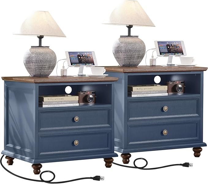 24" Wide Farmhouse Nightstand Set of 2 with Charging Station,End Table with 2 Drawers,Blue Wood Dresser for Bedroom Cabinet, Bed Side Table Chest of Drawers, Night Stand for Living Room, Closet